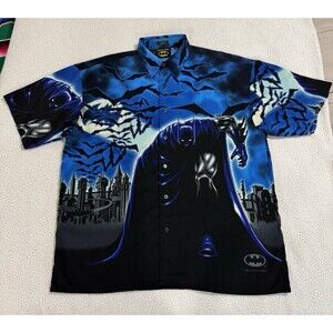 Vintage Batman Shirt Men's XL Black Button Up All Over Print 2001 DC Comics Y2K